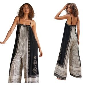 Free People Hazel Mixed Print Jumpsuit L Boho Festival Black White Wide Leg
